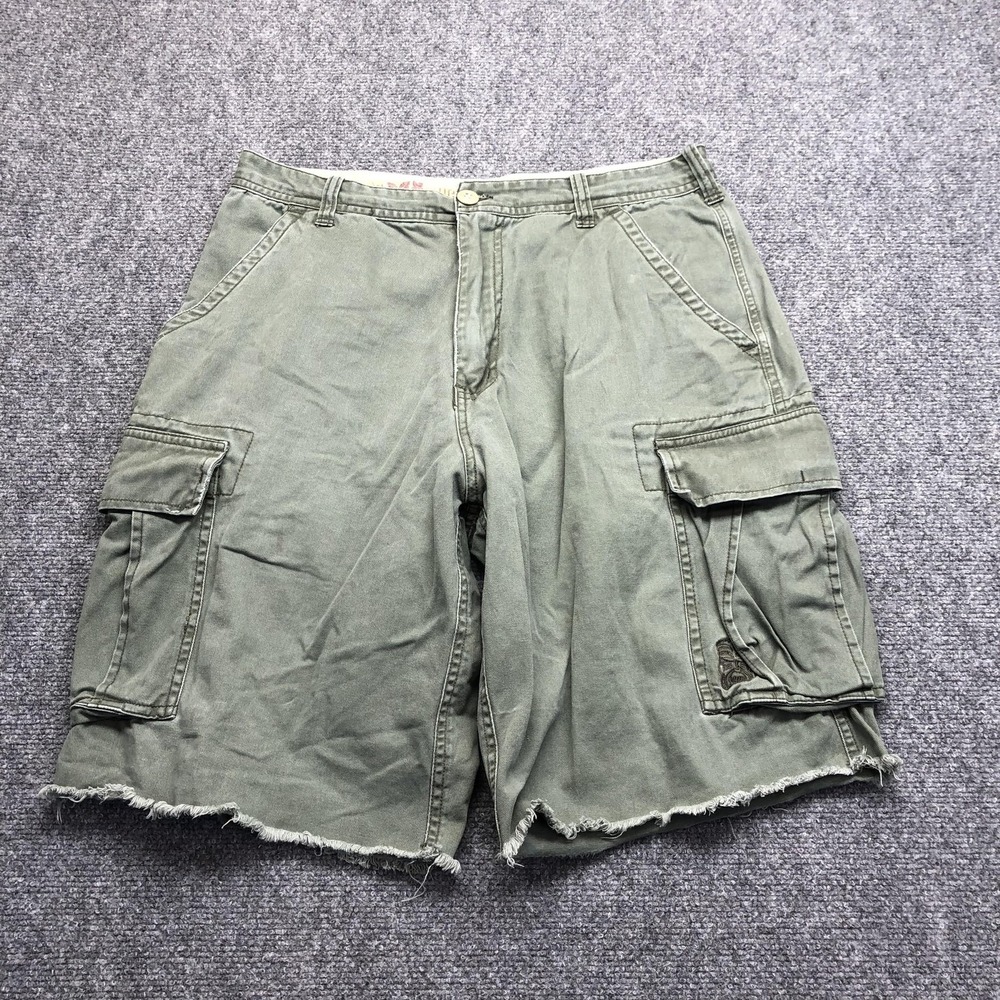 POLOCO Cargo Shorts Mens 32 Green Relaxed Fit Raw Hem 11 Inseam Tiki Embroidered